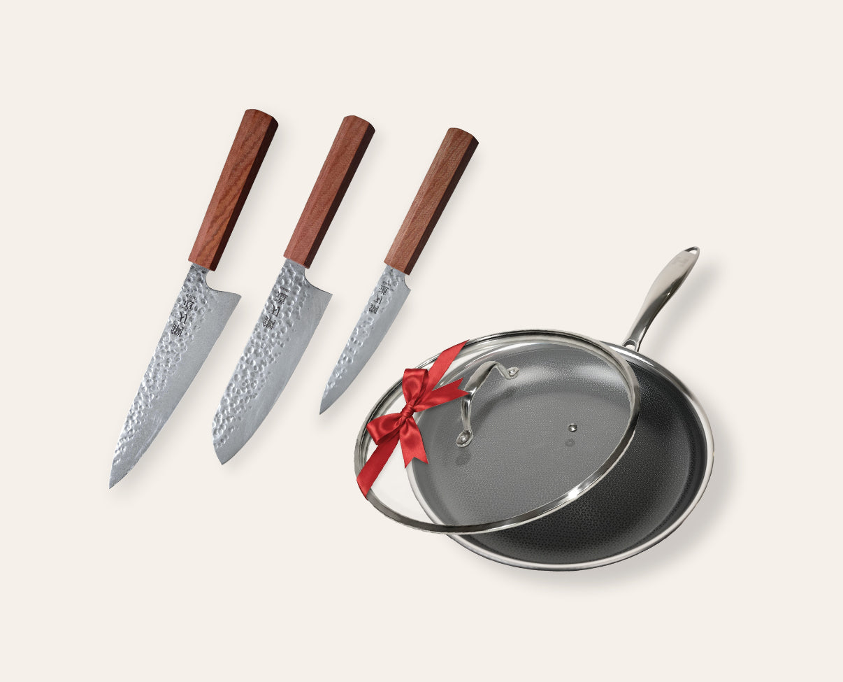 28cm keptuvė ir 3 peilių rinkinys